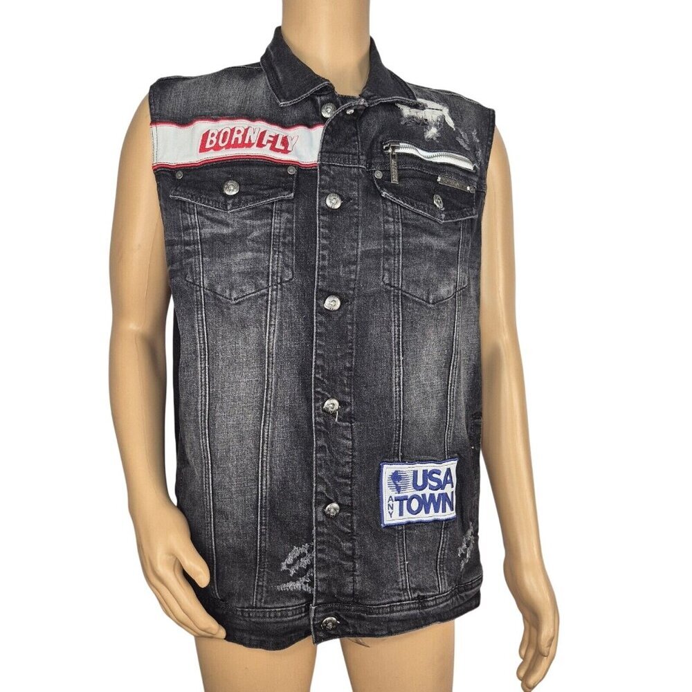 Born Fly Men's Denim Vest Size XL Black Wash Distressed News Paper (03)
